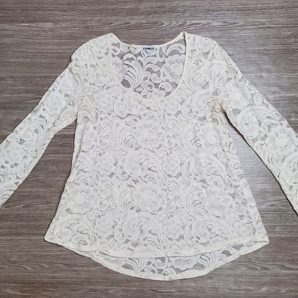 Express Sheer Lace Long Sleeve Top Cream Medium - Picture 2 of 11